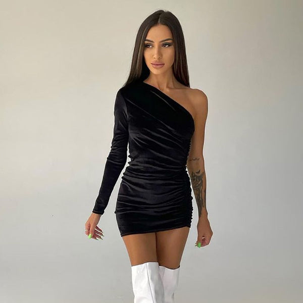 Adeline One Shoulder Mini Dress Black / L - YOVEN FASHION