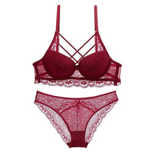 Load image into Gallery viewer, Cotton and Lace Embroidery Push-Up Lingerie Set Burgundy / 70A - YOVEN FASHION
