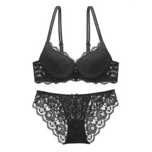 Load image into Gallery viewer, Floral Embroidery and Deep-V Push-Up Lingerie Set Black / 80C - YOVEN FASHION
