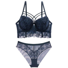 Load image into Gallery viewer, Lace and Chest Bow Detailed Push-Up Lingerie Set Blue / 70A - YOVEN FASHION
