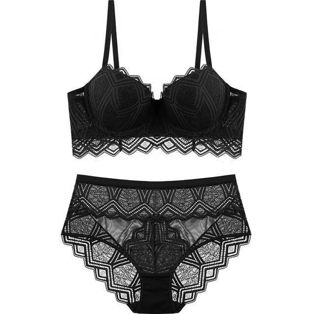 Lace and Patterned Sexy Push-Up Lingerie Set Black / 85B - YOVEN FASHION