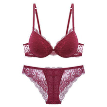 Load image into Gallery viewer, Lace and Thick Cotton Push-Up Lingerie Set Burgundy / 70A - YOVEN FASHION

