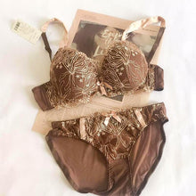 Load image into Gallery viewer, Luxury Gold Embroidery Push-Up Lingerie Set Brown / 85C - YOVEN FASHION
