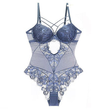 Load image into Gallery viewer, Sexy Floral Embroidery Push-Up Bodysuit Lingerie Set Blue / 85D - YOVEN FASHION
